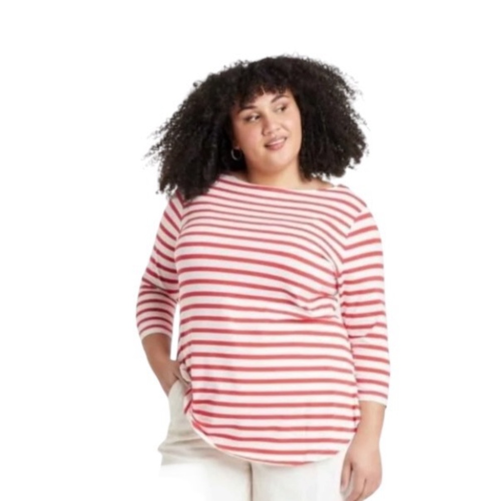 Ava & Viv Red and White Striped Boatneck 3/4 Sleeve Top